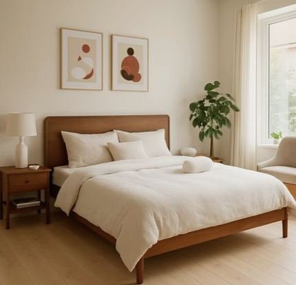 Warm bedroom with wood headboard